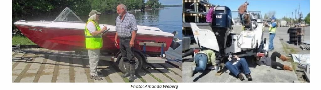 combo-inspector-and-boater-discussing-and-three-people-inspecting-underside-of-boat