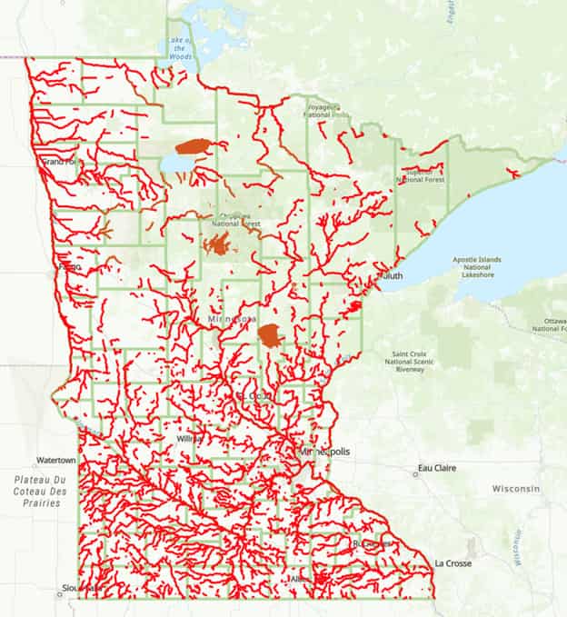 Map of Minnesota showing in redlines the impaired lakes and rivers
