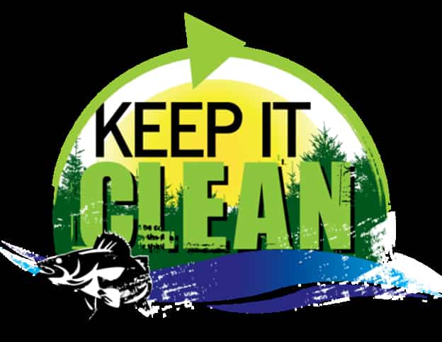 Graphic 'Keep It Clean' with forest and water in background
