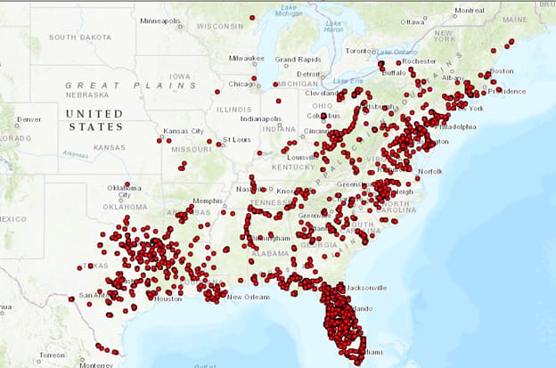 map of eastern US showing Hydrilla infestations