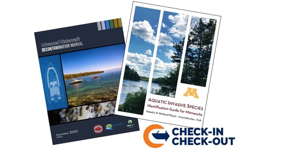 Check In - Check Out - images of cover pages of boat decontamination manual and AIS identification booklet