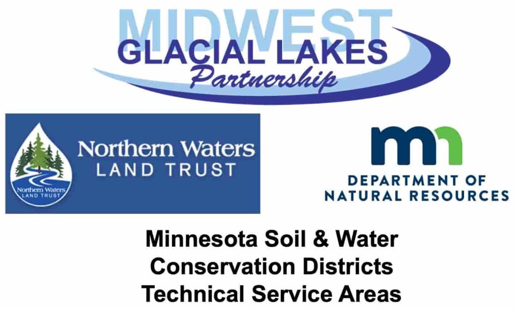 Logos of Midwest Glacial Partnership, Northern Land Trust, and MN DNR