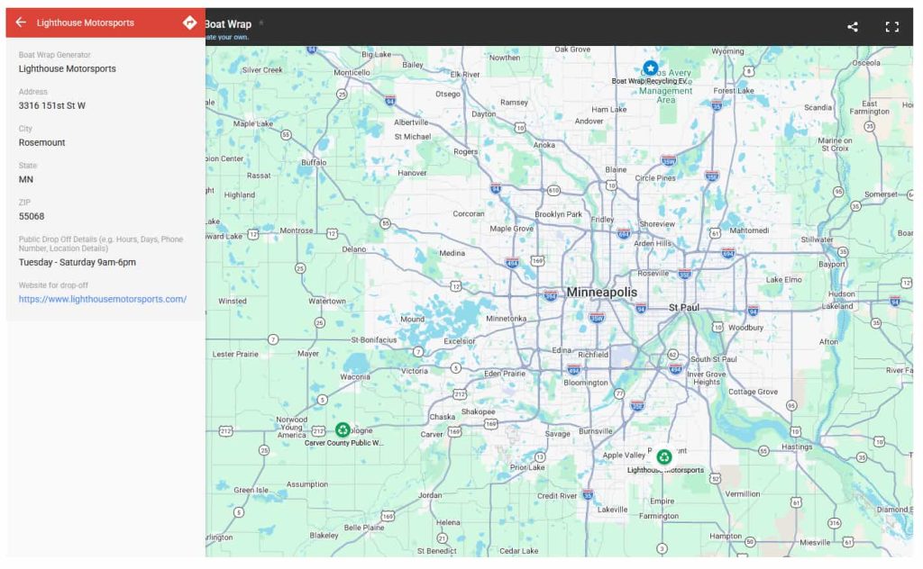 closeup static image of active Wrap Recycle Right rollout map with a collection site selected as of 4/16/2026