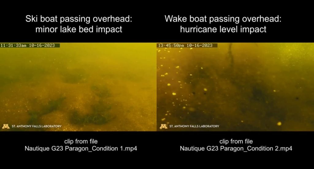 side-by-side image of lake bottom at 9ft with Nautique G23 wake boat passing overhead at planing (left) and wake surfing (right) modes