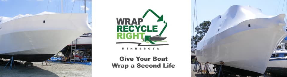Three images - top wrapped boats on the left and right, and the WRR logo and tag line "Give your Boat Wrap a Second Life" in the center