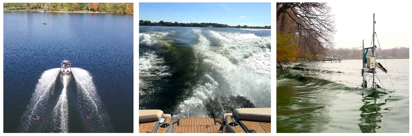 Three images - boat planing away, back end of a surf boat in surf mode, image of shore with test equipment standing in the water